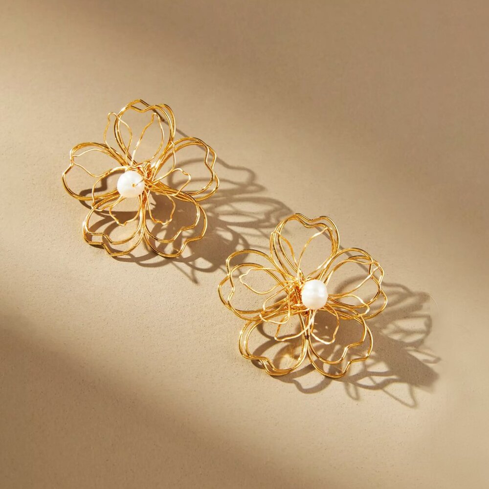 Anthropologie Wire Floral Pearl Stud Earrings